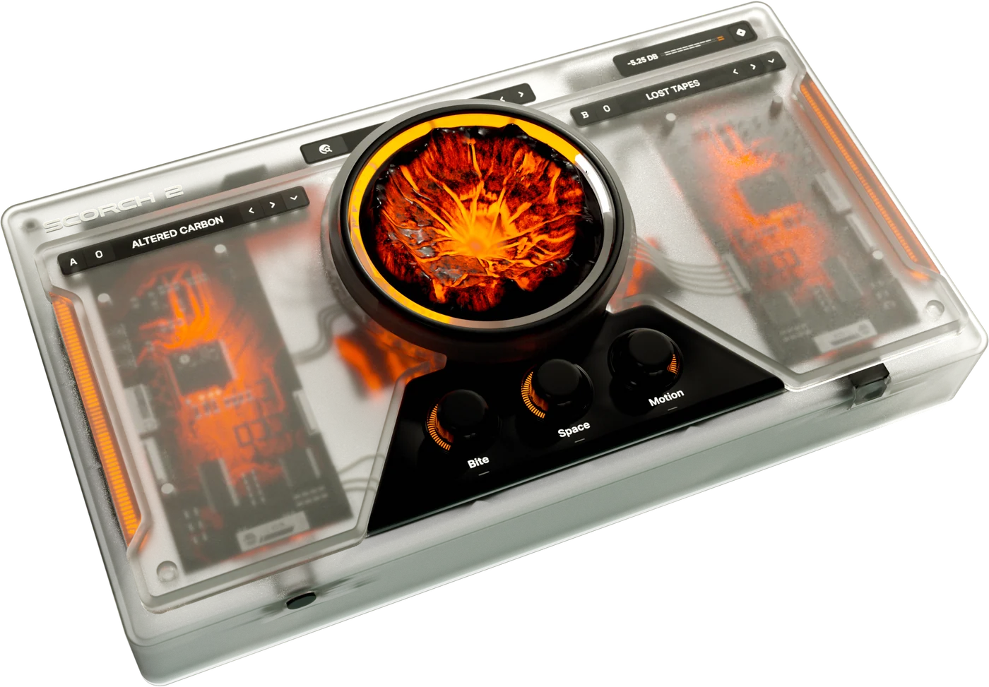 Scorch 2 — the chaos knob at the centre, Bite, Space and Motion macros below